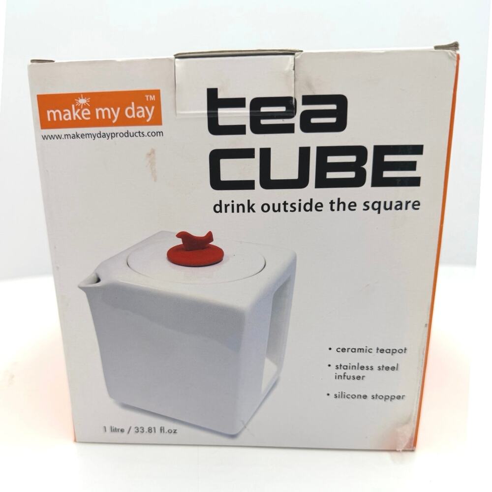 White Art Deco Style Ceramic Cube Tea Pot Red Bird From Make My Day 5"x5"x5"